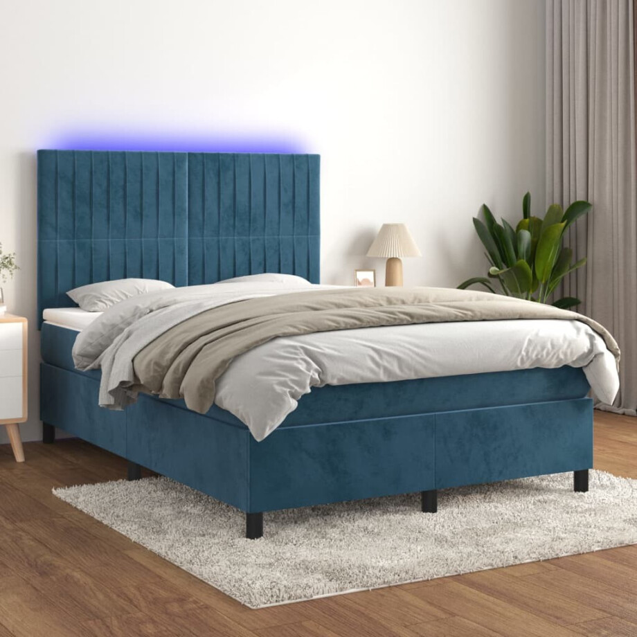 vidaXL Boxspring met matras en LED fluweel donkerblauw 140x200 cm afbeelding 1