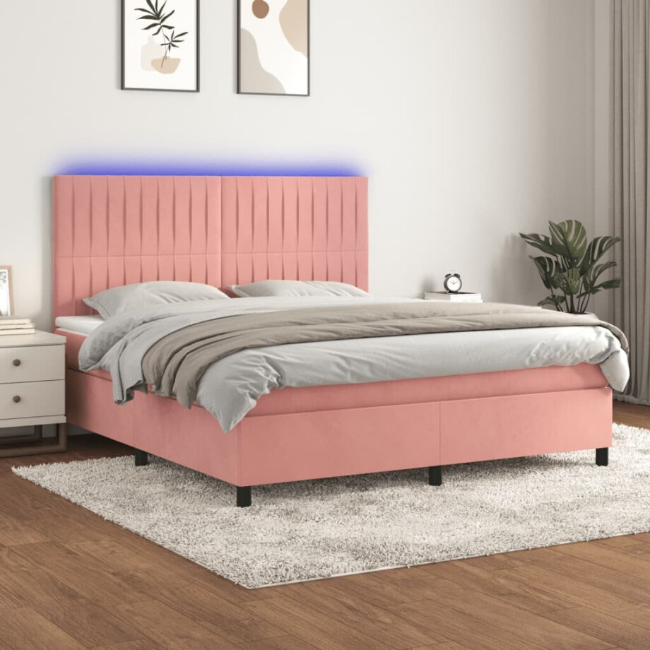 vidaXL Boxspring met matras en LED fluweel roze 160x200 cm afbeelding 1