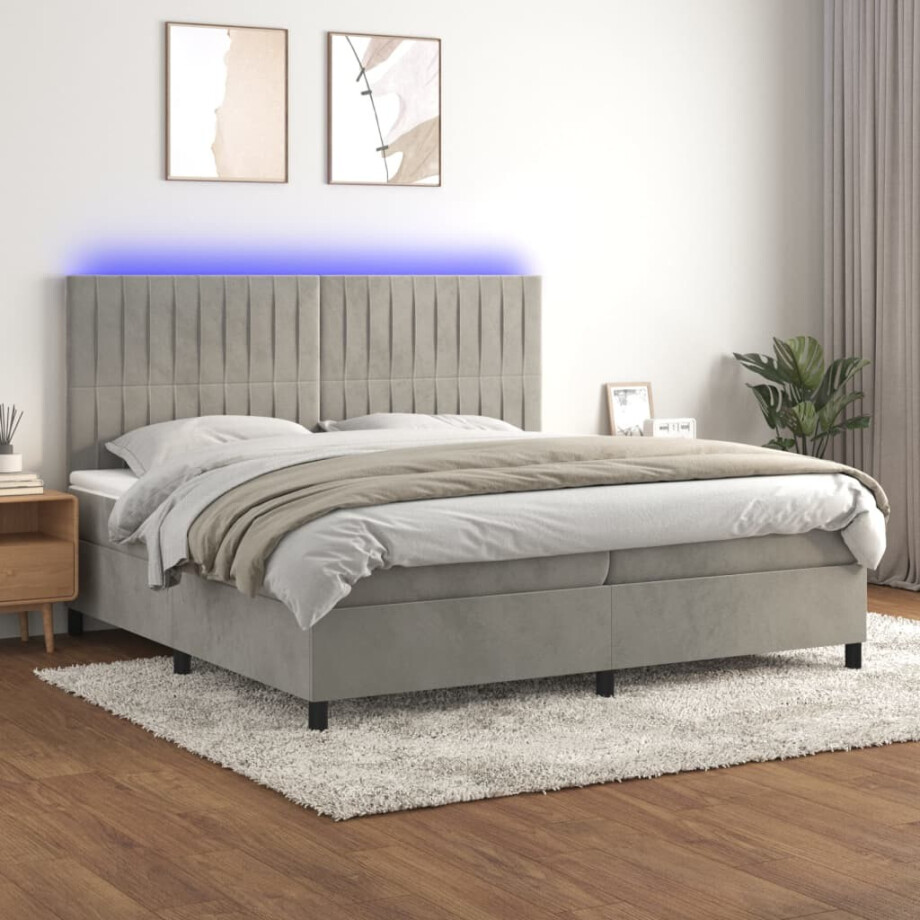 vidaXL Boxspring met matras en LED fluweel lichtgrijs 200x200 cm afbeelding 1
