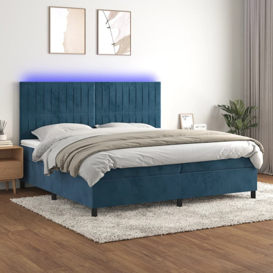 vidaXL Boxspring met matras en LED fluweel donkerblauw 200x200 cm afbeelding 1