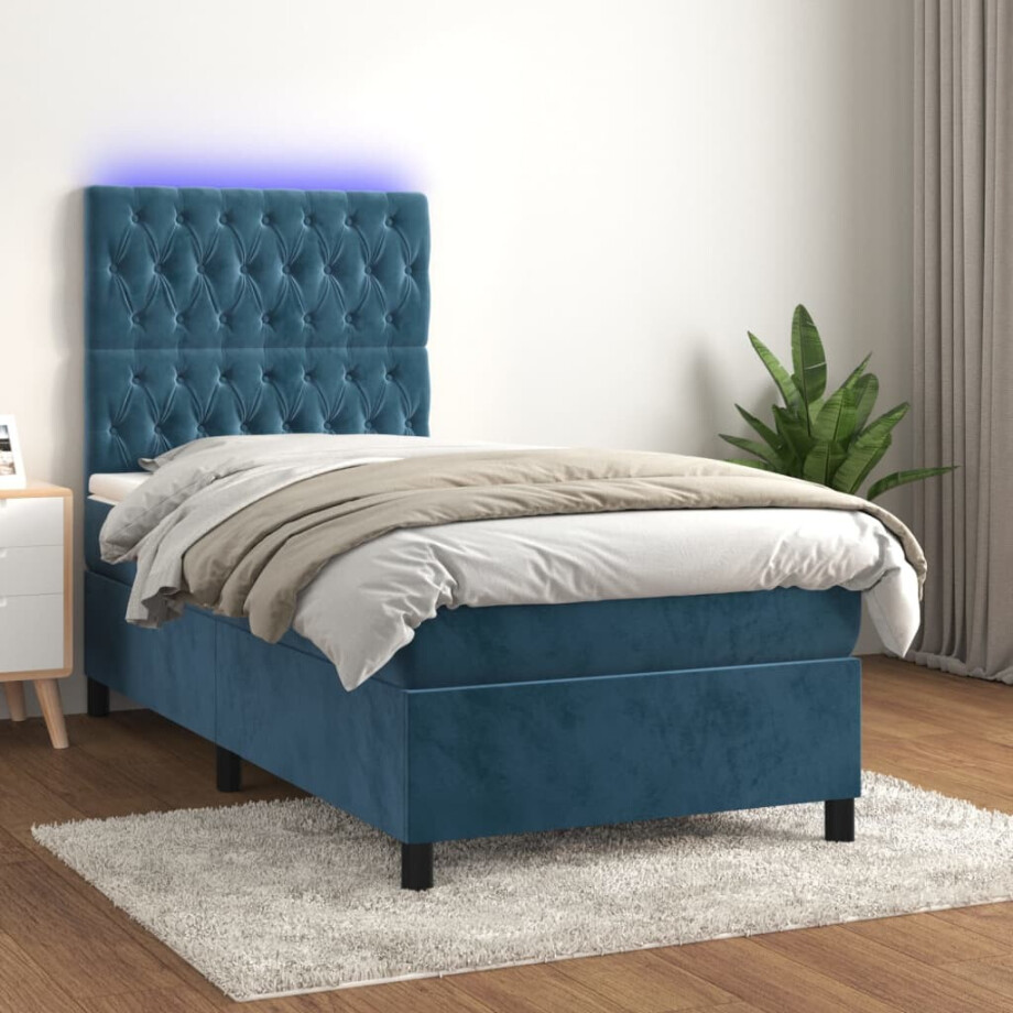 vidaXL Boxspring met matras en LED fluweel donkerblauw 90x190 cm vidaXL Boxspring met matras en LED fluweel donkerblauw 90x190 cm afbeelding 1