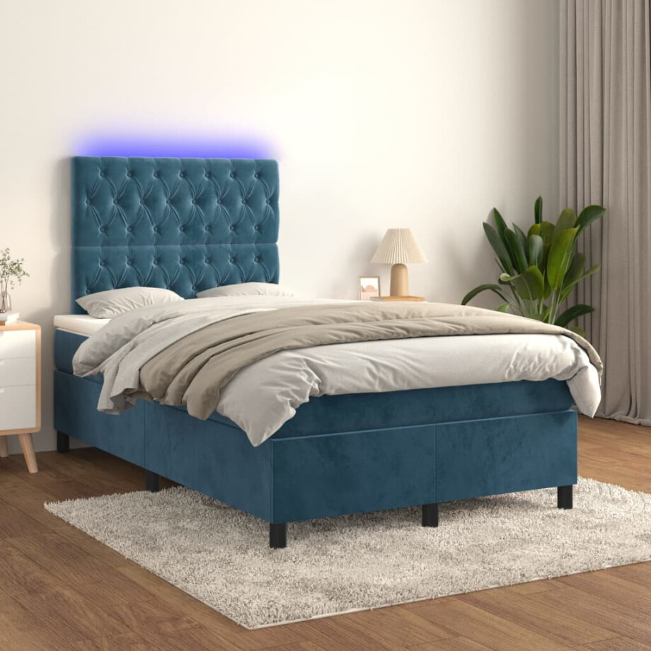 vidaXL Boxspring met matras en LED fluweel donkerblauw 120x200 cm vidaXL Boxspring met matras en LED fluweel donkerblauw 120x200 cm afbeelding 1