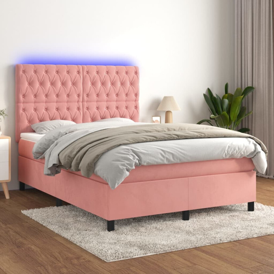 vidaXL Boxspring met matras en LED fluweel roze 140x200 cm afbeelding 1