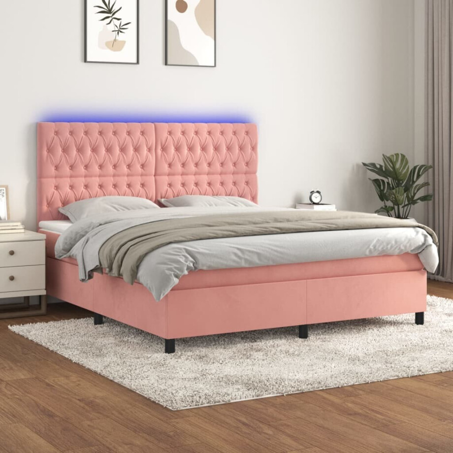 vidaXL Boxspring met matras en LED fluweel roze 180x200 cm afbeelding 1