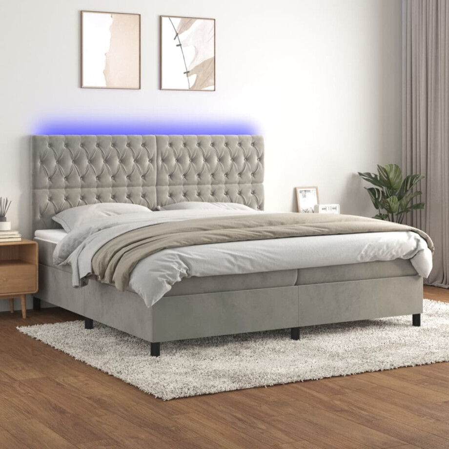 vidaXL Boxspring met matras en LED fluweel lichtgrijs 200x200 cm afbeelding 1