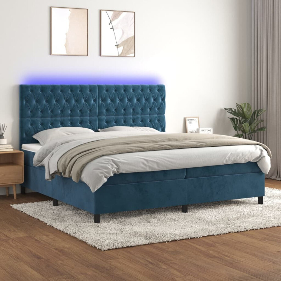 vidaXL Boxspring met matras en LED fluweel donkerblauw 200x200 cm afbeelding 1
