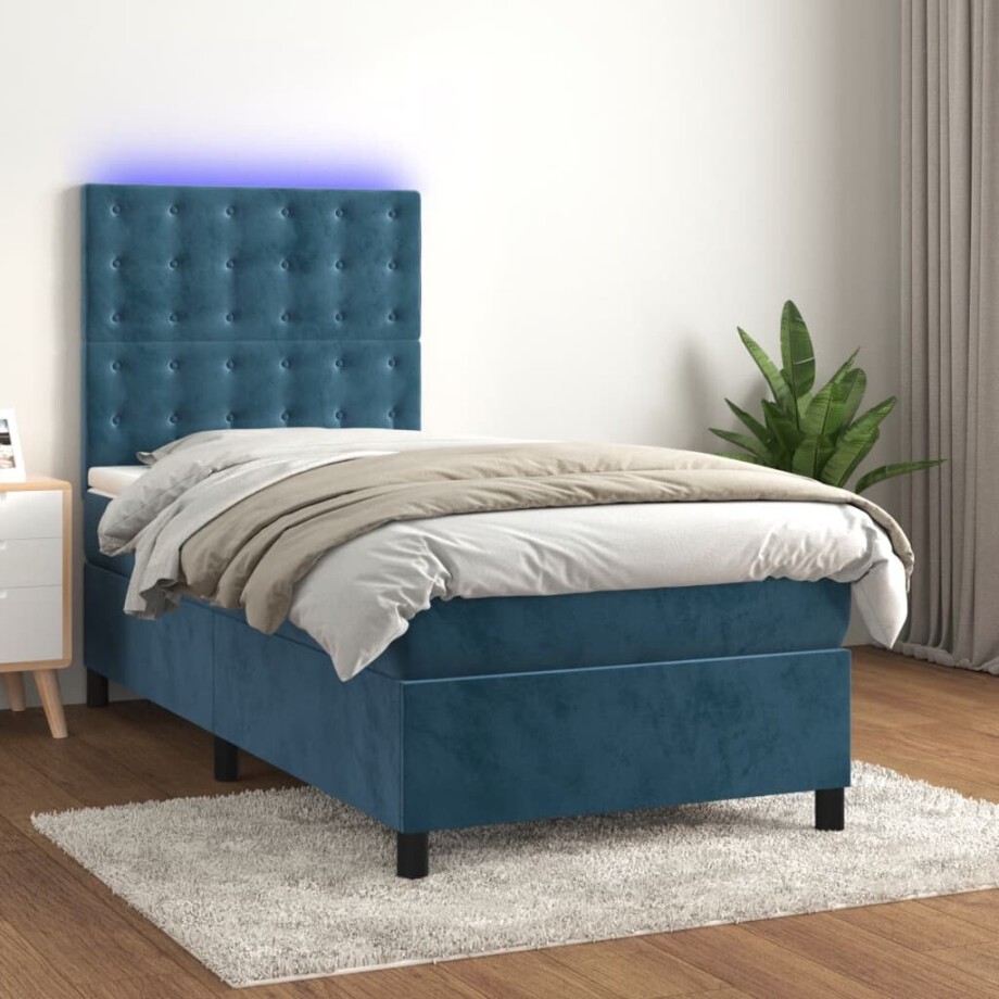 vidaXL Boxspring met matras en LED fluweel donkerblauw 80x200 cm vidaXL Boxspring met matras en LED fluweel donkerblauw 80x200 cm afbeelding 1