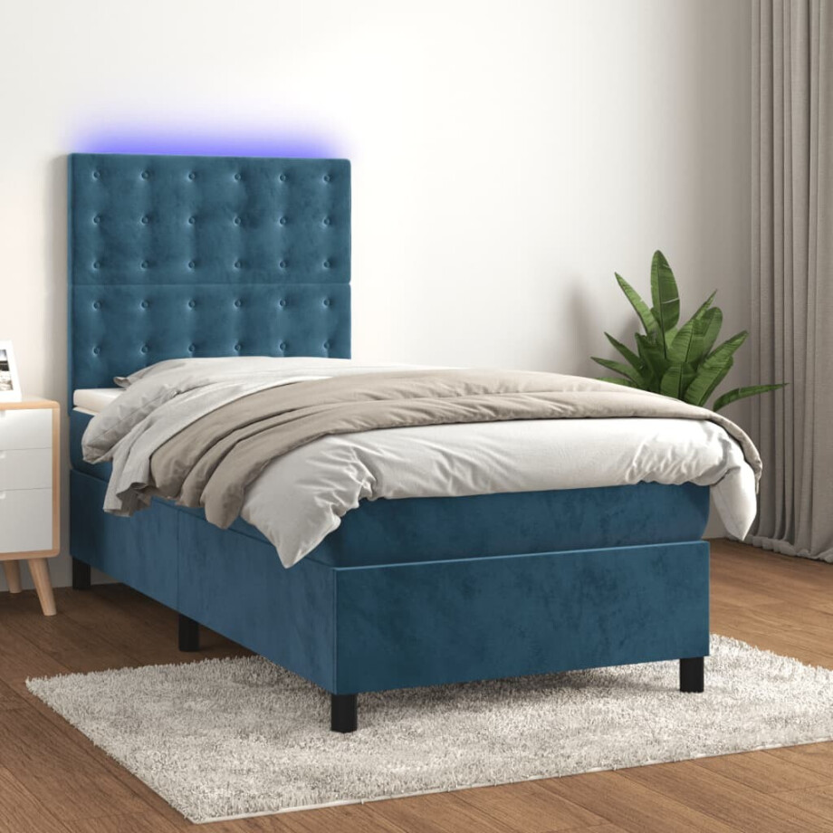 vidaXL Boxspring met matras en LED fluweel donkerblauw 90x200 cm afbeelding 1