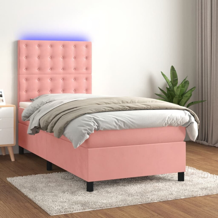 vidaXL Boxspring met matras en LED fluweel roze 100x200 cm vidaXL Boxspring met matras en LED fluweel roze 100x200 cm afbeelding 1