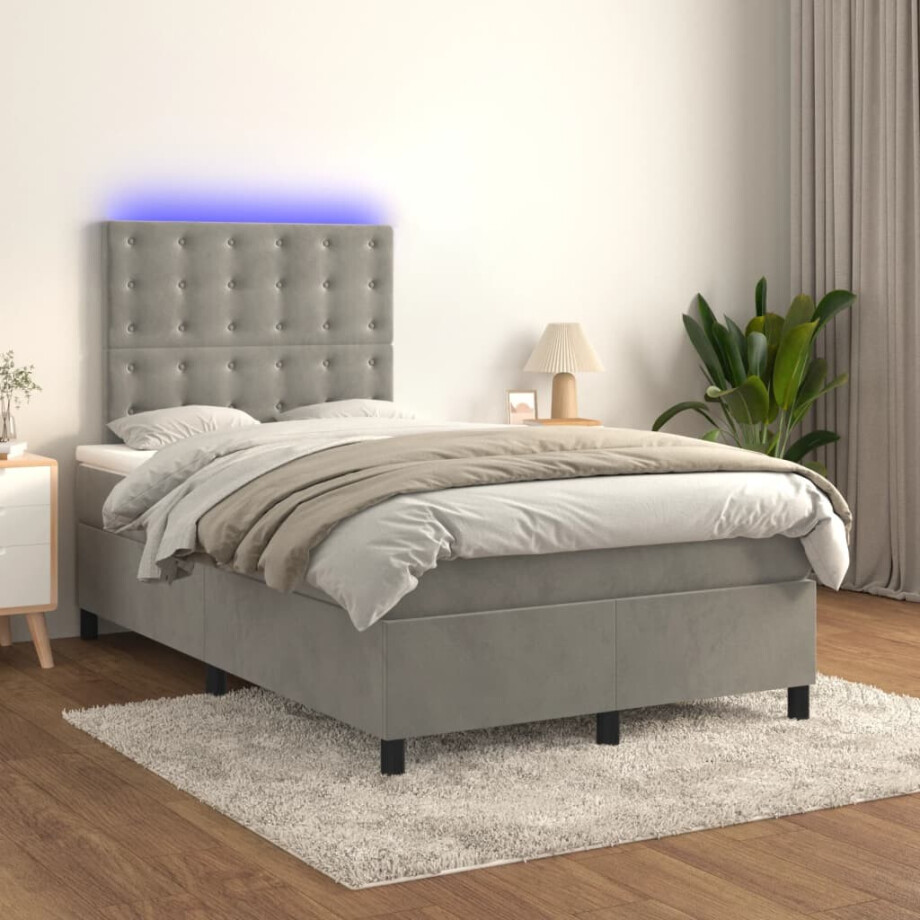 vidaXL Boxspring met matras en LED fluweel lichtgrijs 120x200 cm afbeelding 1