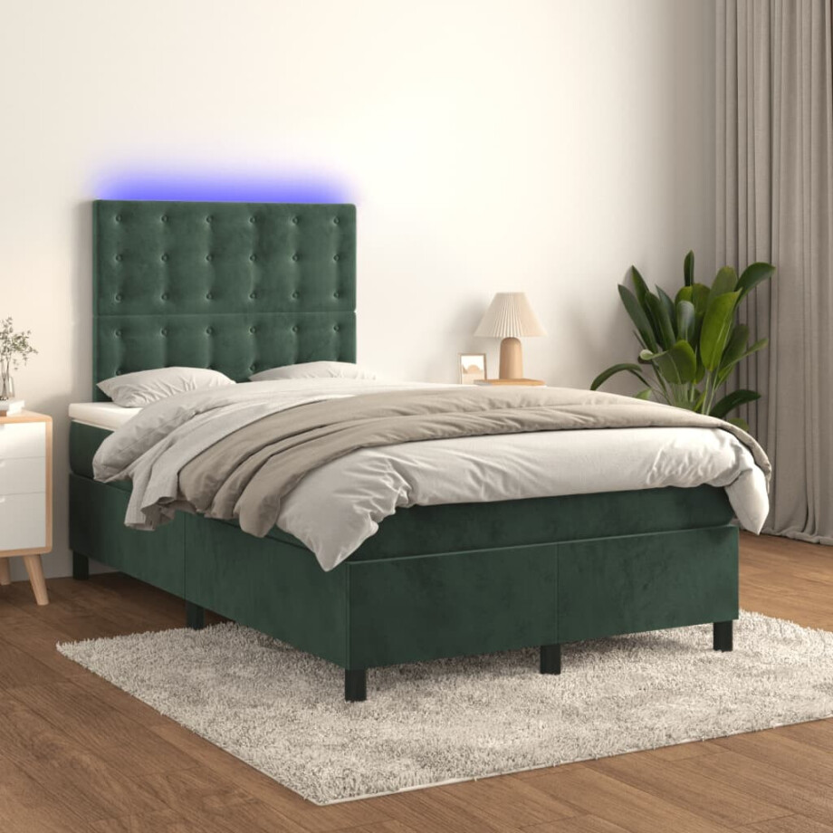 vidaXL Boxspring met matras en LED fluweel donkergroen 120x200 cm vidaXL Boxspring met matras en LED fluweel donkergroen 120x200 cm afbeelding 1