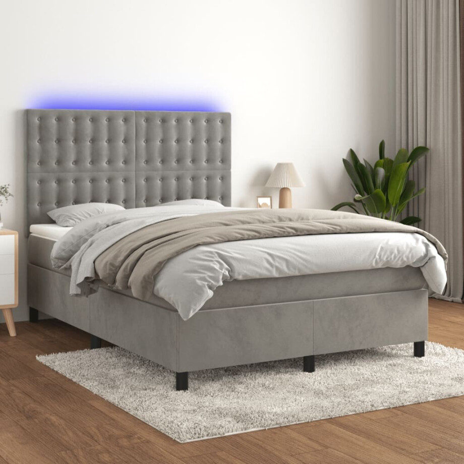 vidaXL Boxspring met matras en LED fluweel lichtgrijs 140x190 cm afbeelding 1