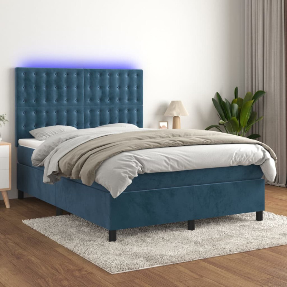 vidaXL Boxspring met matras en LED fluweel donkerblauw 140x200 cm vidaXL Boxspring met matras en LED fluweel donkerblauw 140x200 cm afbeelding 1