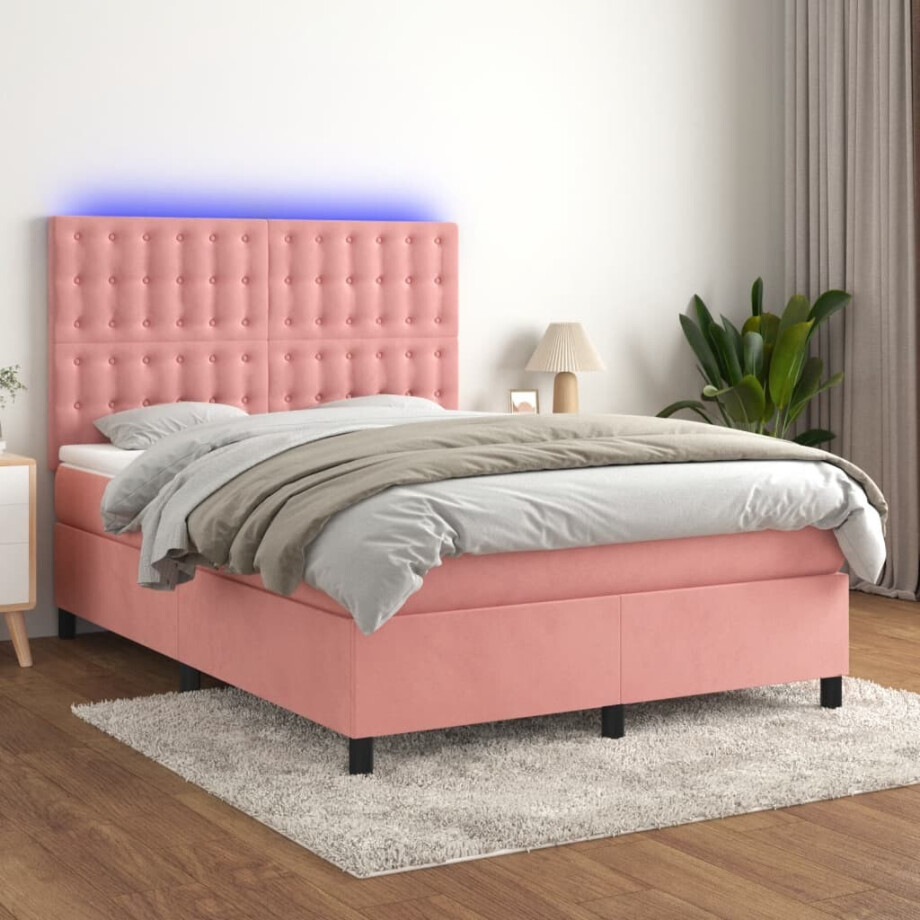 vidaXL Boxspring met matras en LED fluweel roze 140x200 cm afbeelding 1