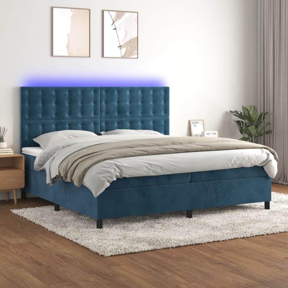 vidaXL Boxspring met matras en LED fluweel donkerblauw 200x200 cm afbeelding 1