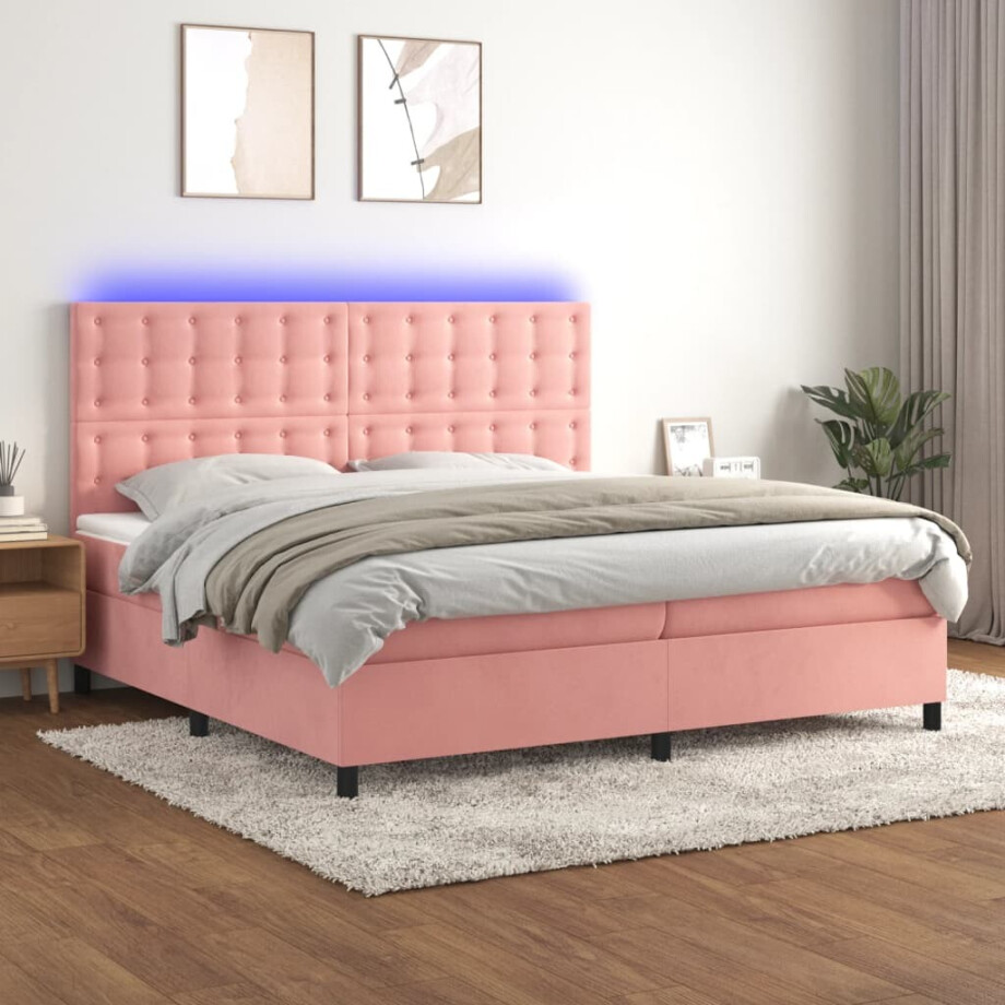 vidaXL Boxspring met matras en LED fluweel roze 200x200 cm afbeelding 1