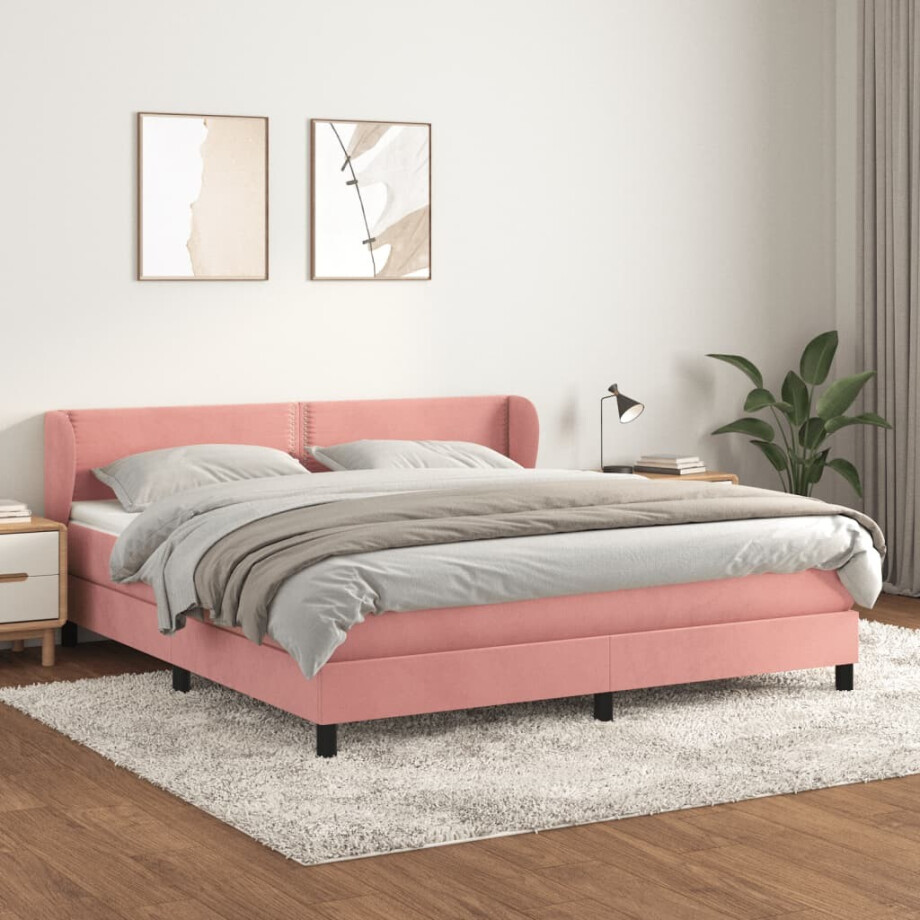 vidaXL Boxspring met matras fluweel roze 160x200 cm afbeelding 1