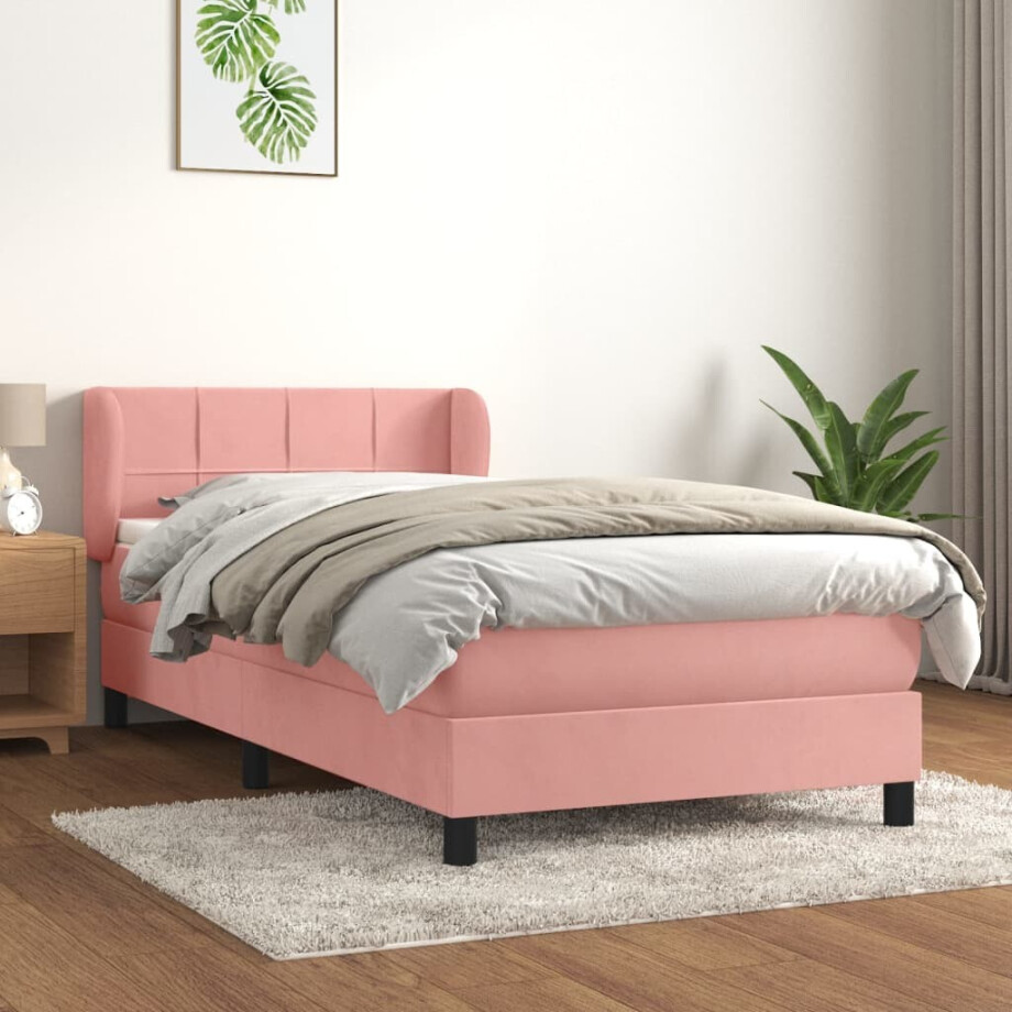 vidaXL Boxspring met matras fluweel roze 90x200 cm afbeelding 1