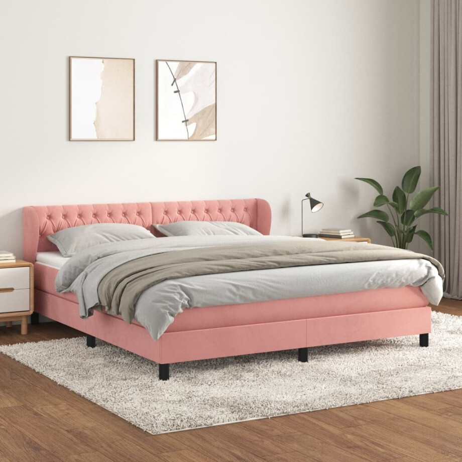 vidaXL Boxspring met matras fluweel roze 160x200 cm afbeelding 1