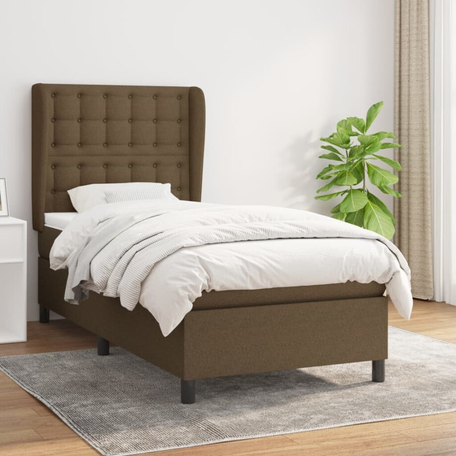 vidaXL Boxspring met matras stof donkerbruin 90x200 cm vidaXL Boxspring met matras stof donkerbruin 90x200 cm afbeelding 1