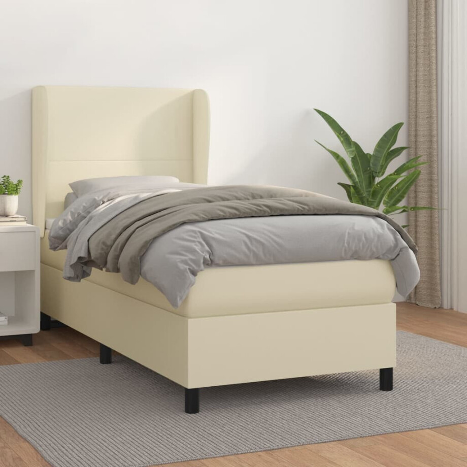 vidaXL Boxspring met matras kunstleer crèmekleurig 100x200 cm afbeelding 1