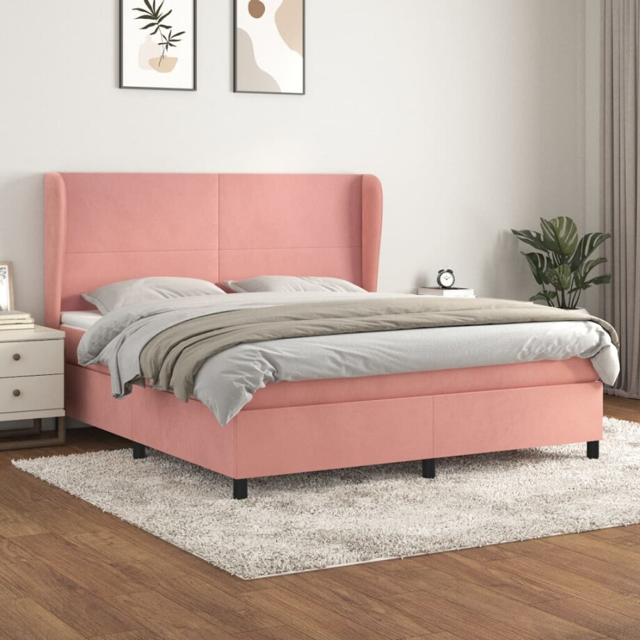 vidaXL Boxspring met matras fluweel roze 160x200 cm afbeelding 1