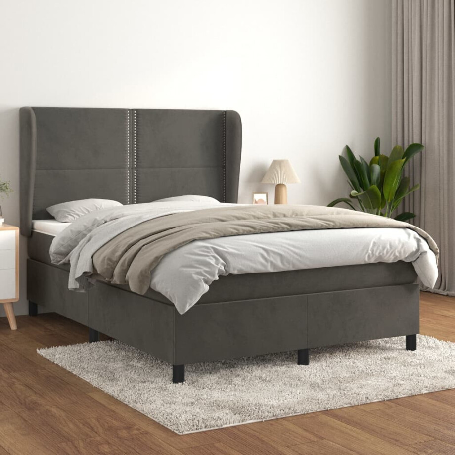vidaXL Boxspring met matras fluweel donkergrijs 140x200 cm vidaXL Boxspring met matras fluweel donkergrijs 140x200 cm afbeelding 1