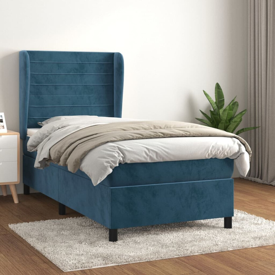 vidaXL Boxspring met matras fluweel donkerblauw 100x200 cm afbeelding 1