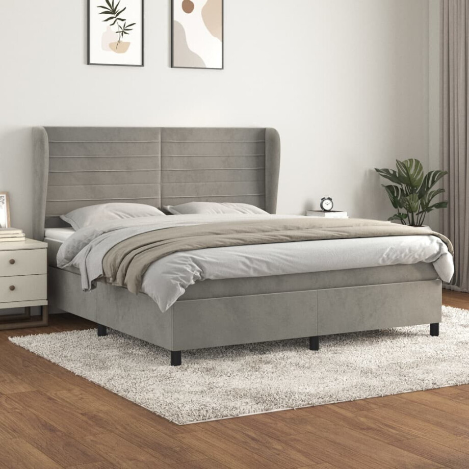vidaXL Boxspring met matras fluweel lichtgrijs 160x200 cm afbeelding 1