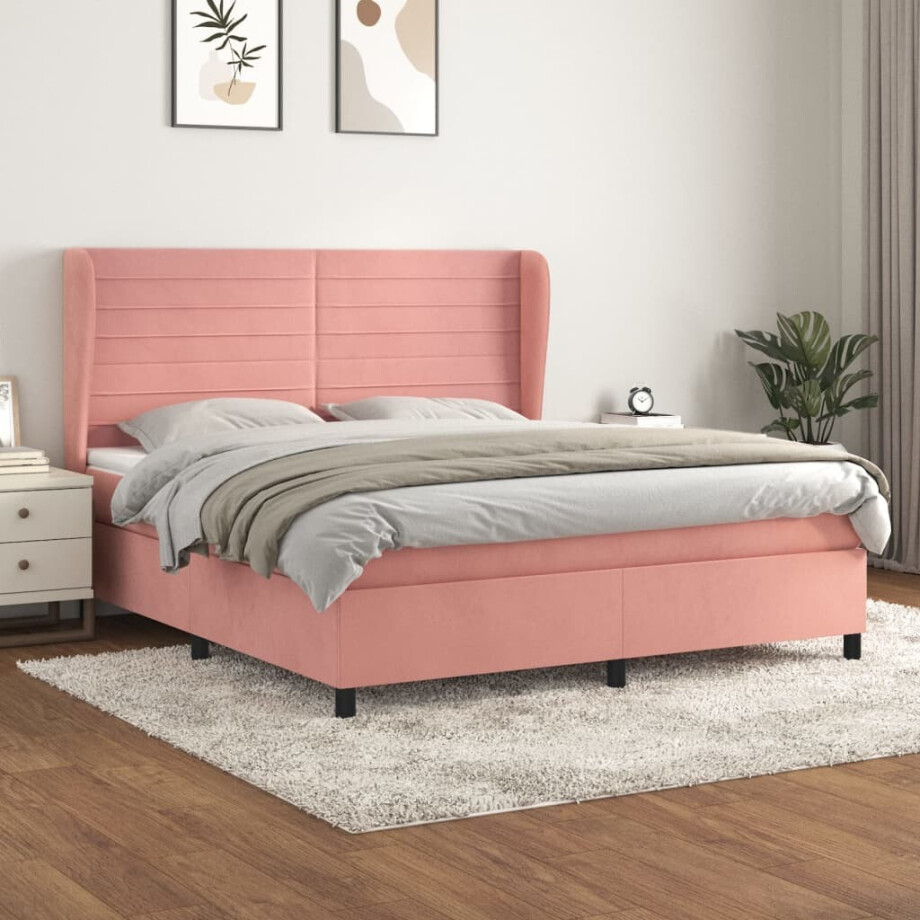 vidaXL Boxspring met matras fluweel roze 180x200 cm afbeelding 1