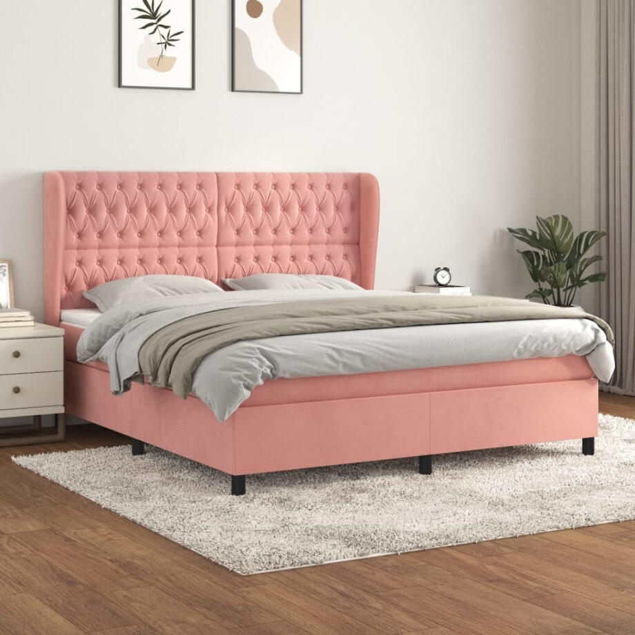 vidaXL Boxspring met matras fluweel roze 160x200 cm afbeelding 1