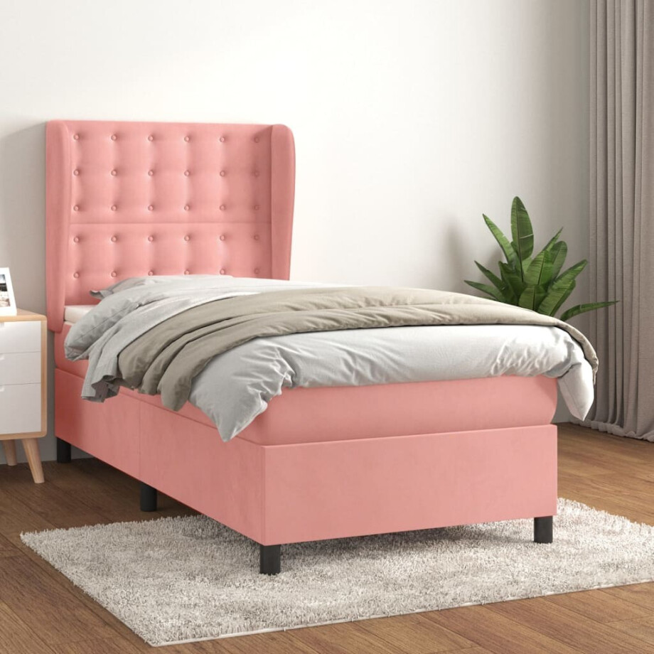 vidaXL Boxspring met matras fluweel roze 90x190 cm afbeelding 1
