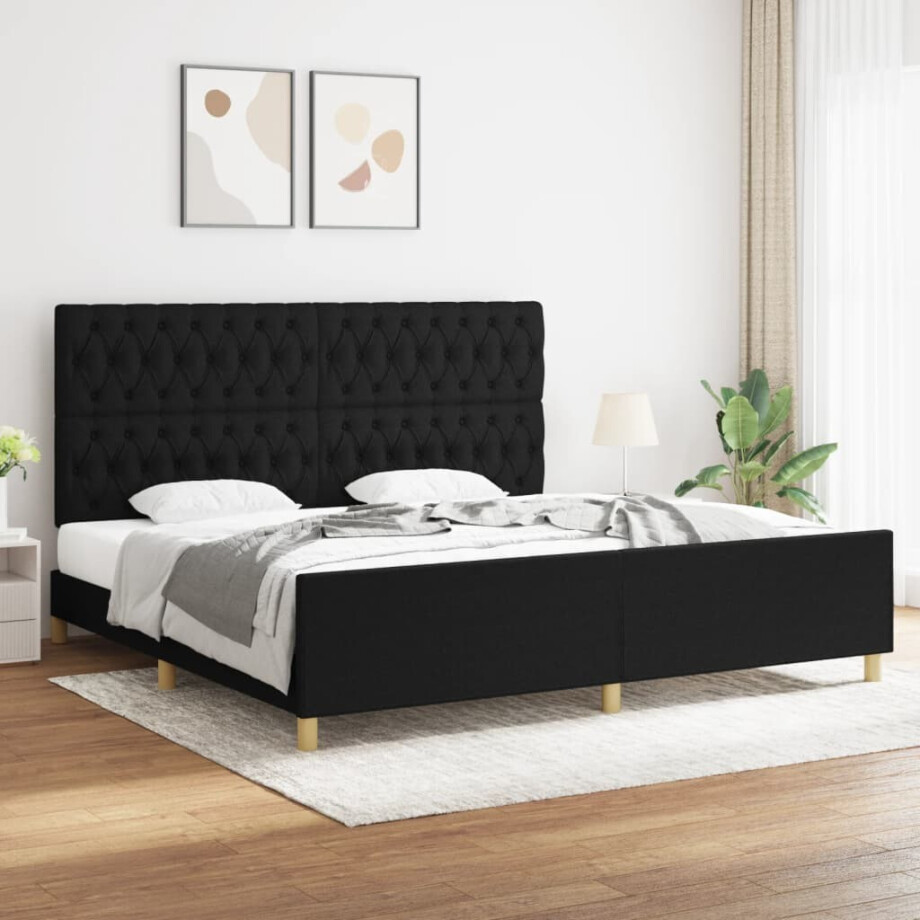 vidaXL Bedframe met hoofdeinde stof zwart 200x200 cm vidaXL Bedframe met hoofdeinde stof zwart 200x200 cm afbeelding 1
