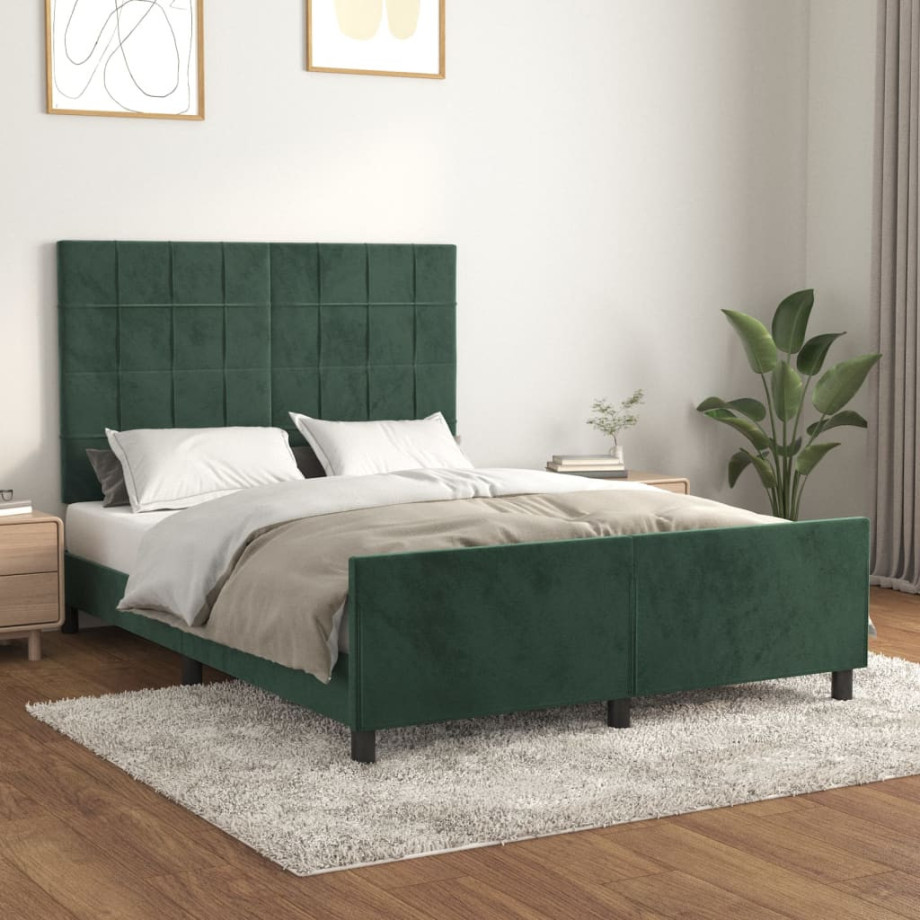 vidaXL Bedframe met hoofdeinde fluweel donkergroen 140x190 cm afbeelding 1