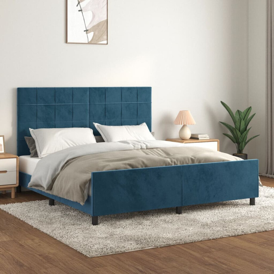 vidaXL Bedframe met hoofdeinde fluweel donkerblauw 180x200 cm afbeelding 1