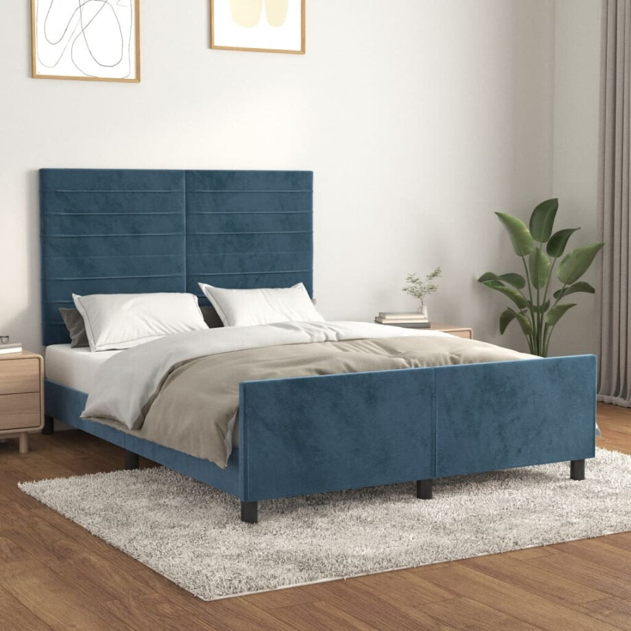 vidaXL Bedframe zonder matras 140x190 cm fluweel donkerblauw afbeelding 1