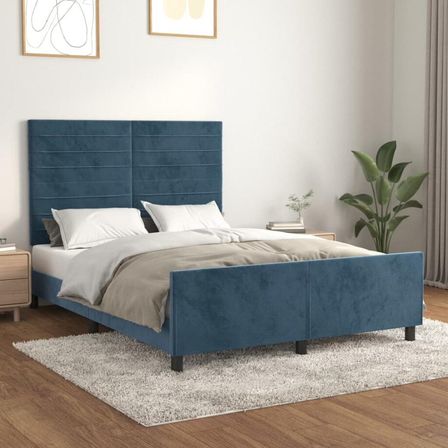 vidaXL Bedframe zonder matras 140x200 cm fluweel donkerblauw afbeelding 1