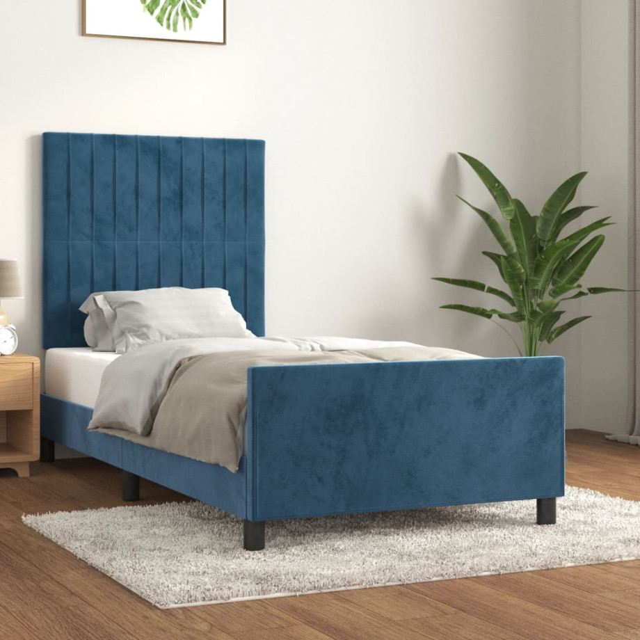 vidaXL Bedframe met hoofdeinde fluweel donkerblauw 90x190 cm afbeelding 1