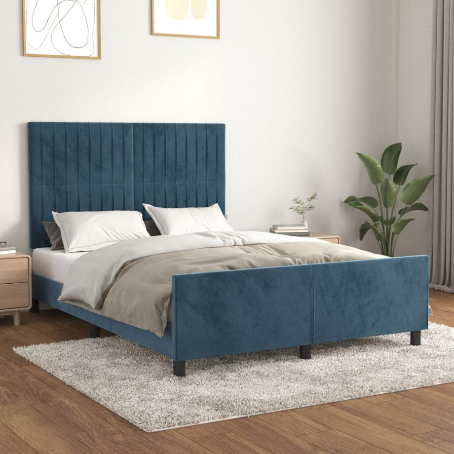 vidaXL Bedframe zonder matras 140x190 cm fluweel donkerblauw afbeelding 1