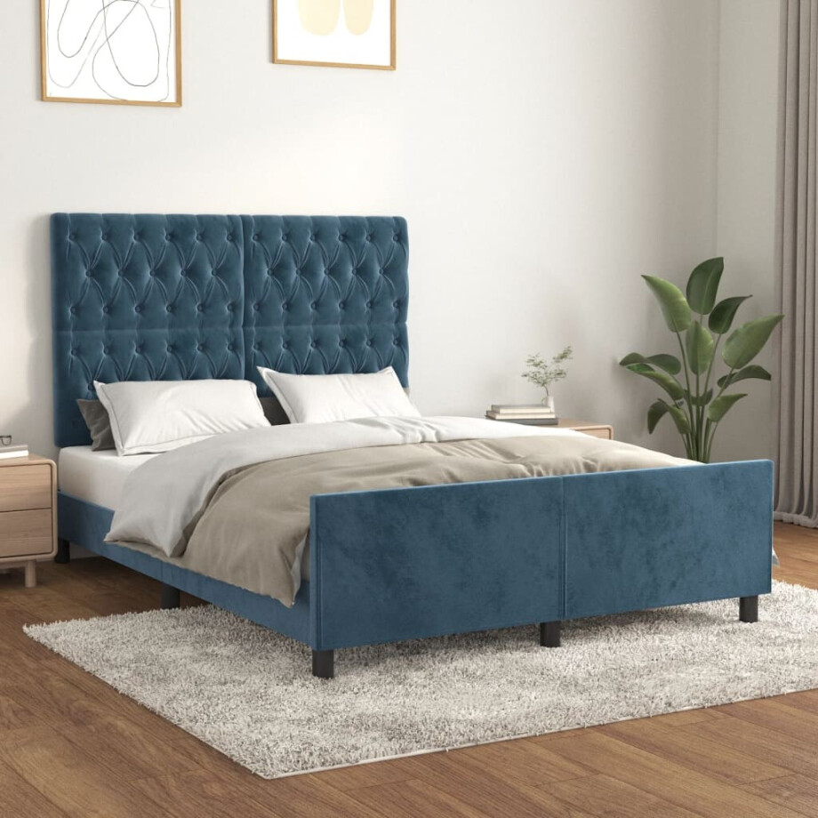 vidaXL Bedframe zonder matras 140x190 cm fluweel donkerblauw afbeelding 1