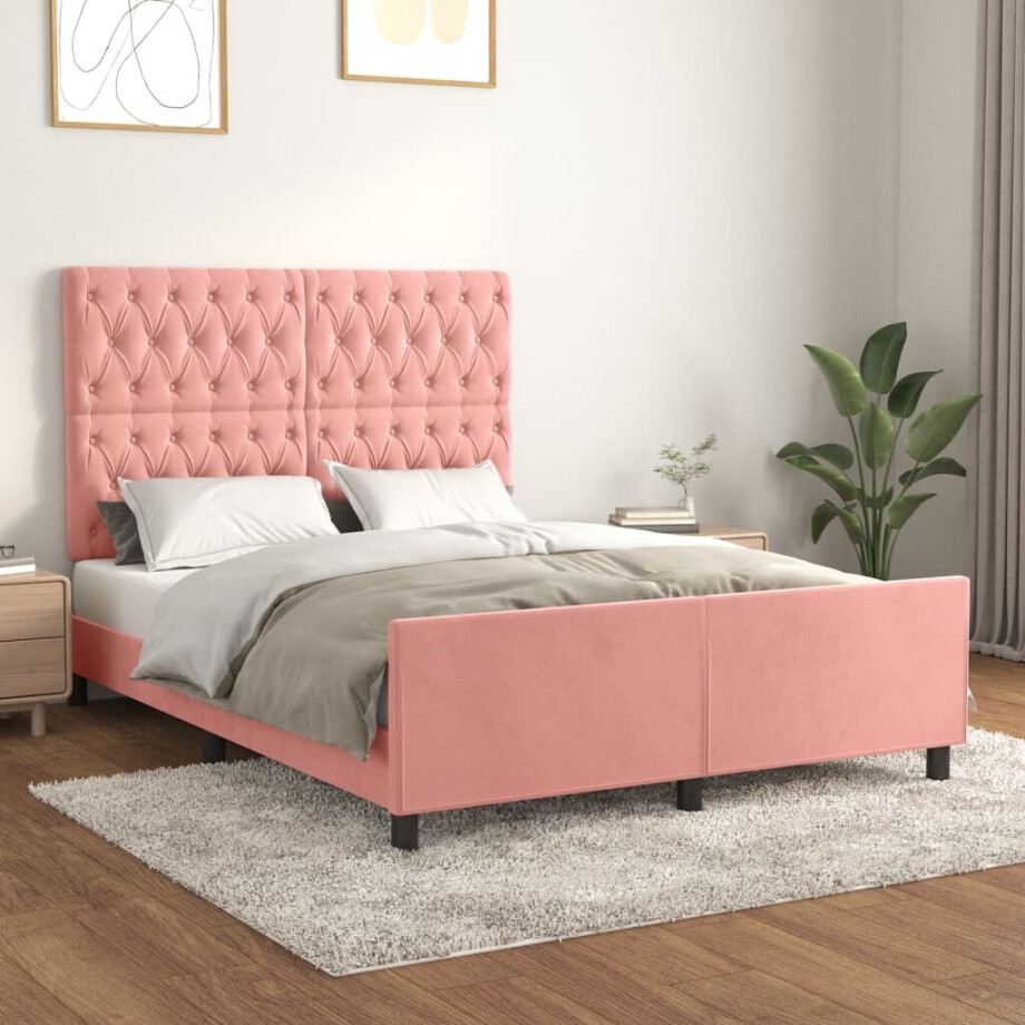 vidaXL Bedframe met hoofdeinde fluweel roze 140x200 cm vidaXL Bedframe met hoofdeinde fluweel roze 140x200 cm afbeelding 1