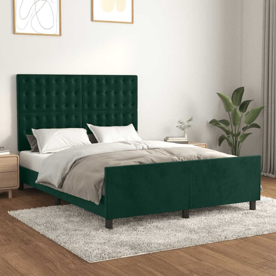 vidaXL Bedframe zonder matras 140x190 cm fluweel donkergroen afbeelding 1