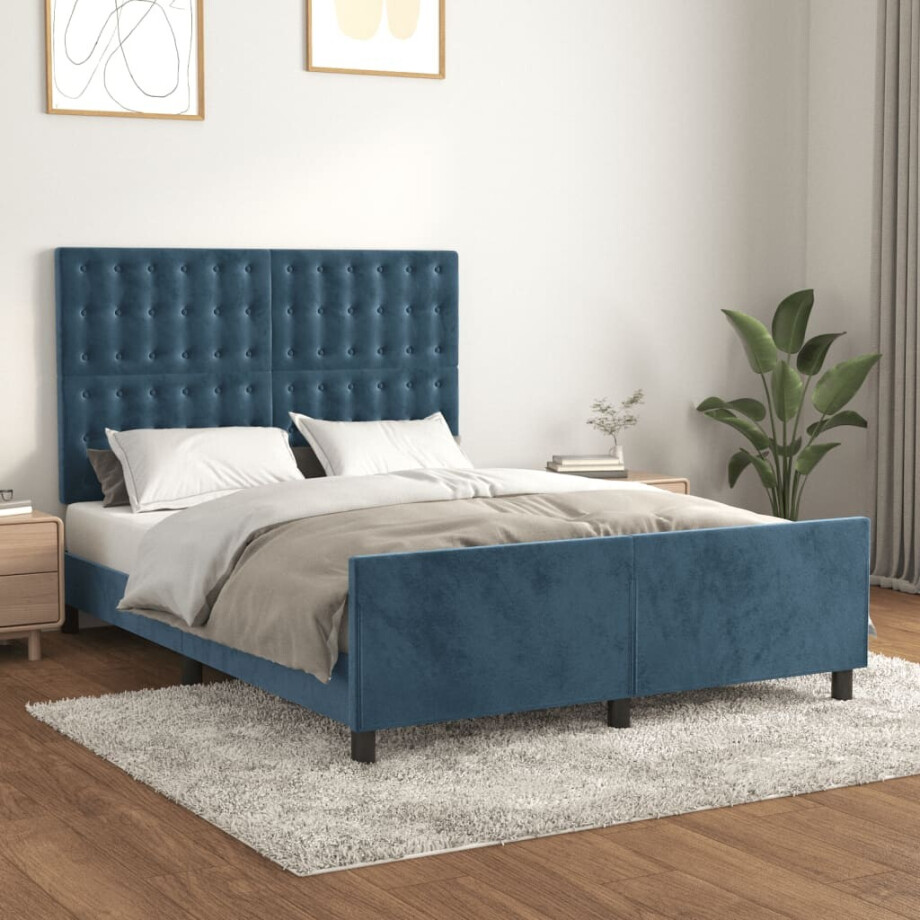 vidaXL Bedframe zonder matras 140x190 cm fluweel donkerblauw afbeelding 1
