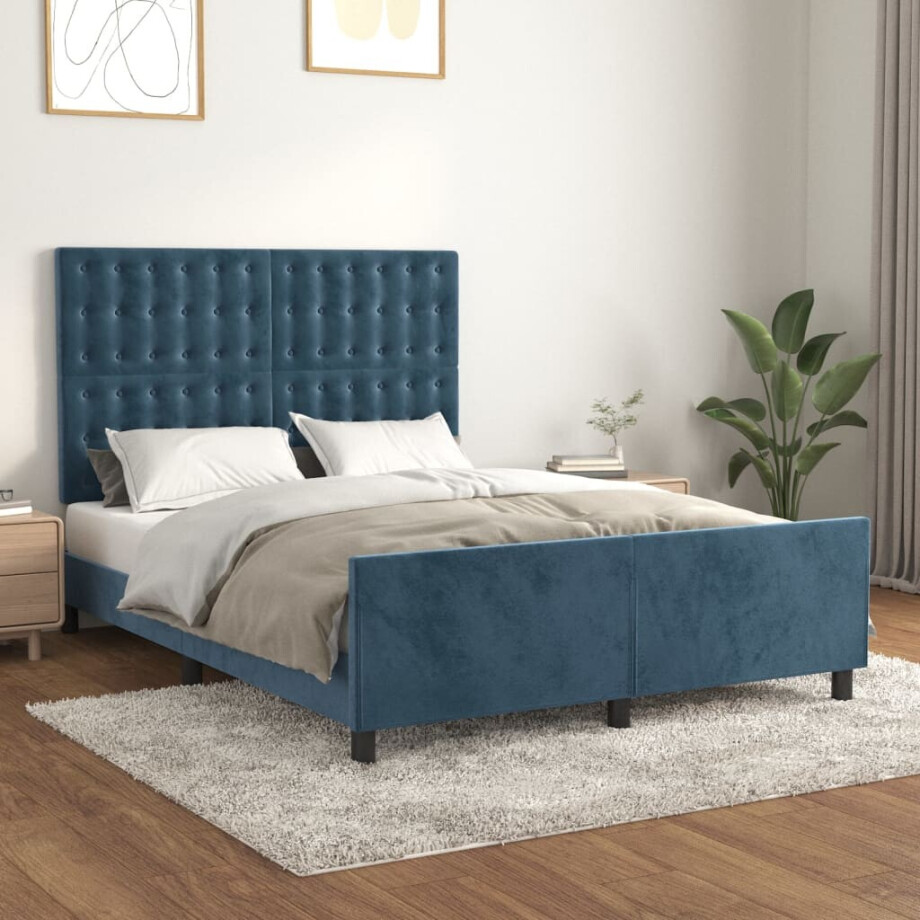 vidaXL Bedframe zonder matras 140x200 cm fluweel donkerblauw afbeelding 1