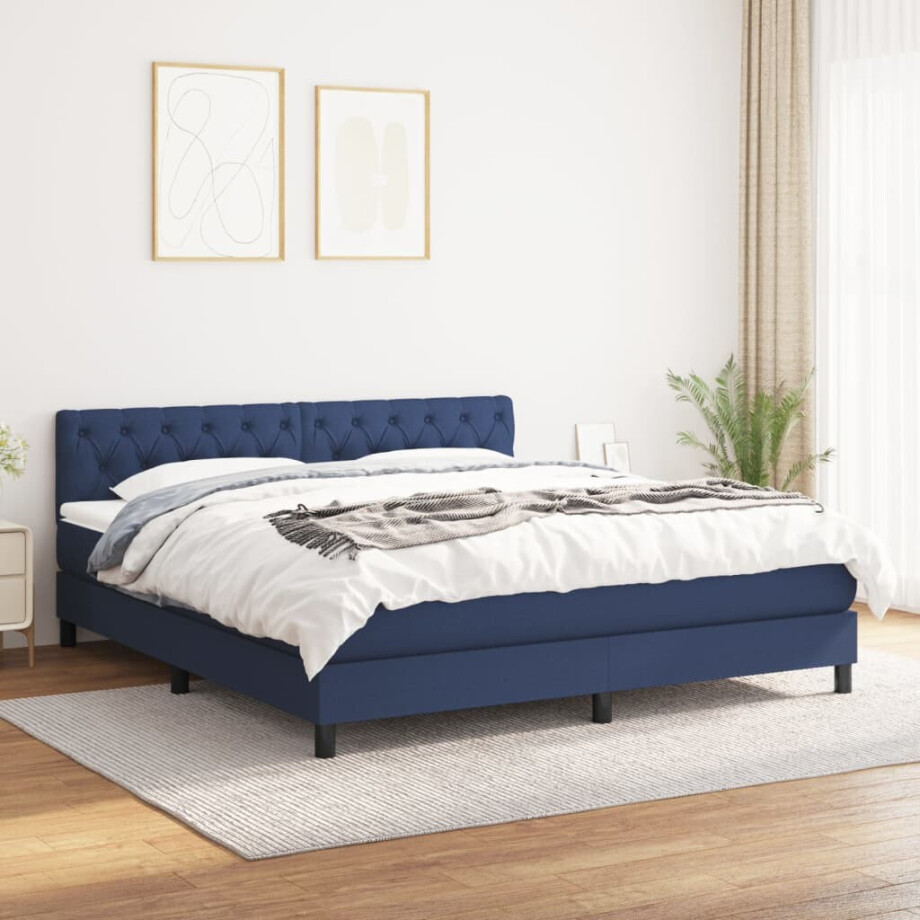 vidaXL Boxspring met matras stof blauw 160x200 cm vidaXL Boxspring met matras stof blauw 160x200 cm afbeelding 1