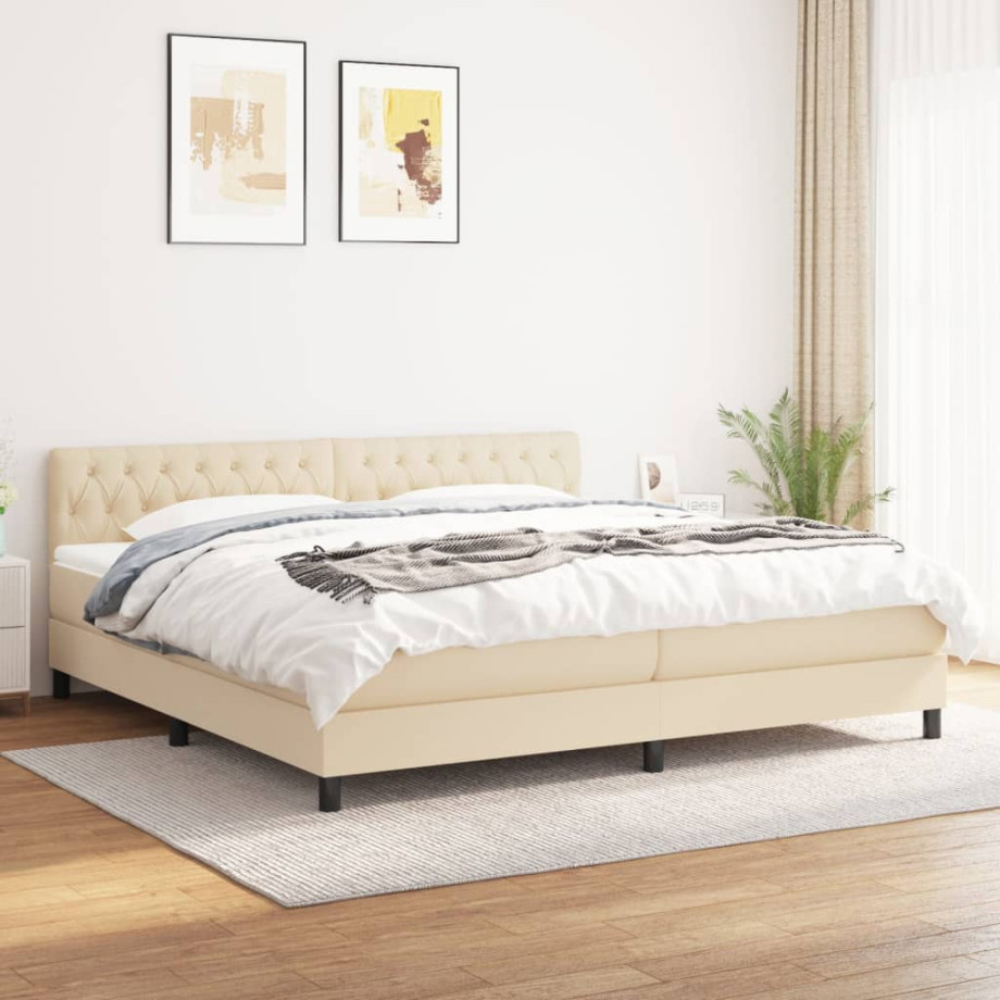 vidaXL Boxspring met matras stof crèmekleurig 200x200 cm afbeelding 1