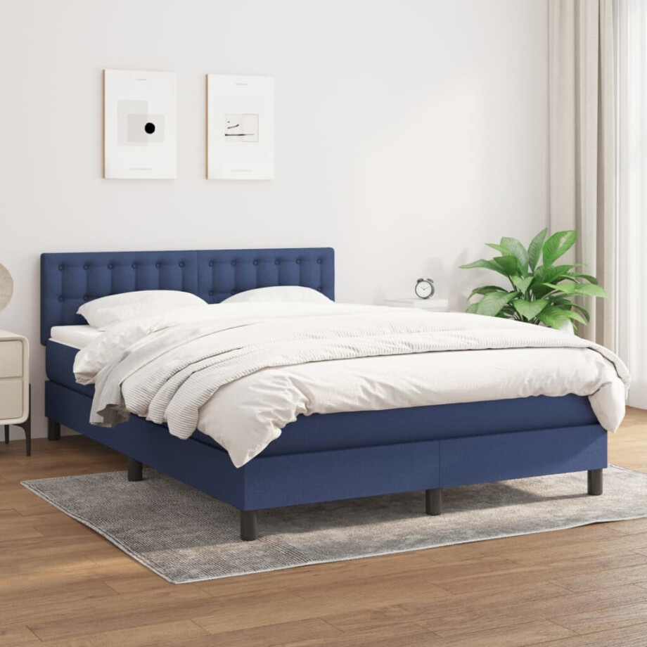 vidaXL Boxspring met matras stof blauw 140x190 cm afbeelding 1
