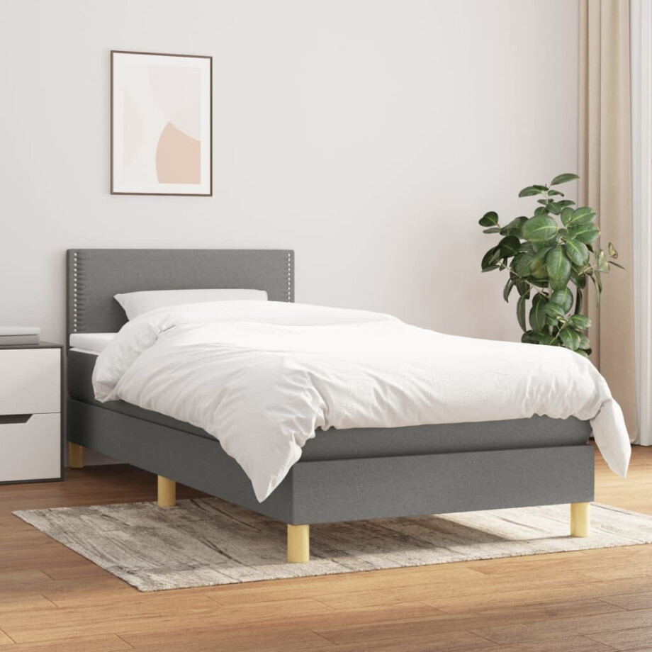 vidaXL Boxspring met matras stof donkergrijs 100x200 cm afbeelding 1