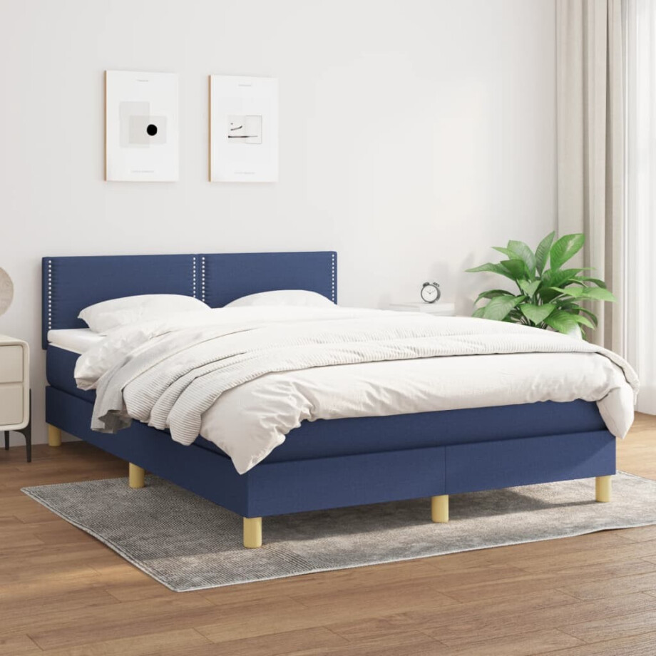 vidaXL Boxspring met matras stof blauw 140x190 cm afbeelding 1