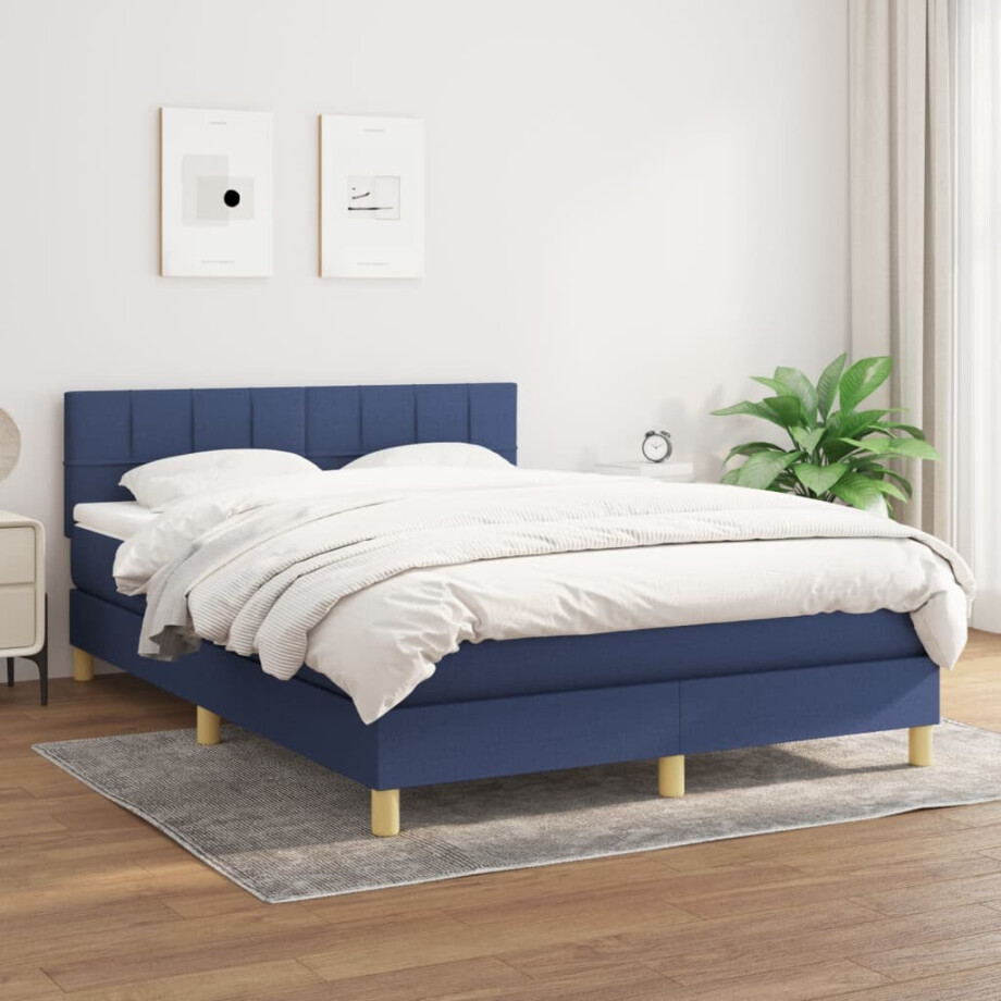 vidaXL Boxspring met matras stof blauw 140x200 cm afbeelding 1